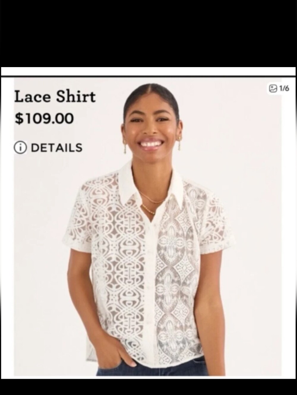 CAbi White Lace Button-Down Short Sleeve Shirt